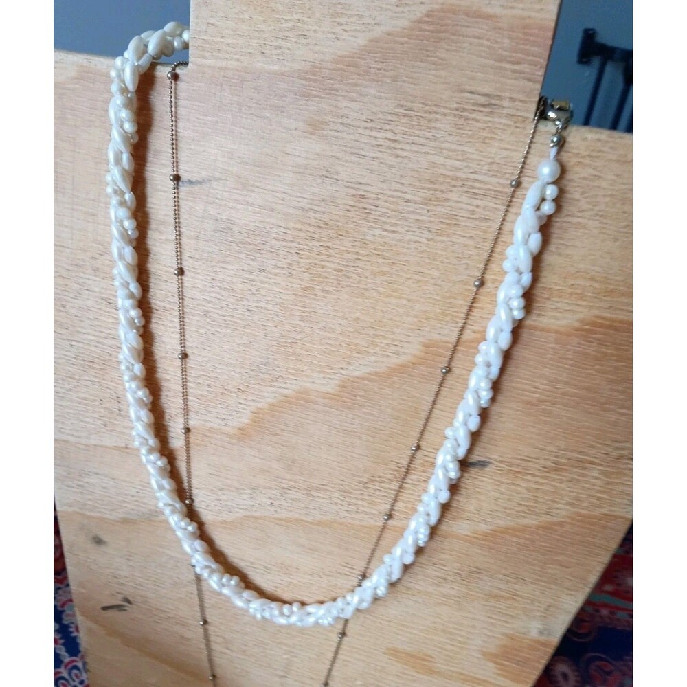 Vintage Faux Pearl Necklace Twisted Multi Strand Ivory Cream Beaded Gold Tone